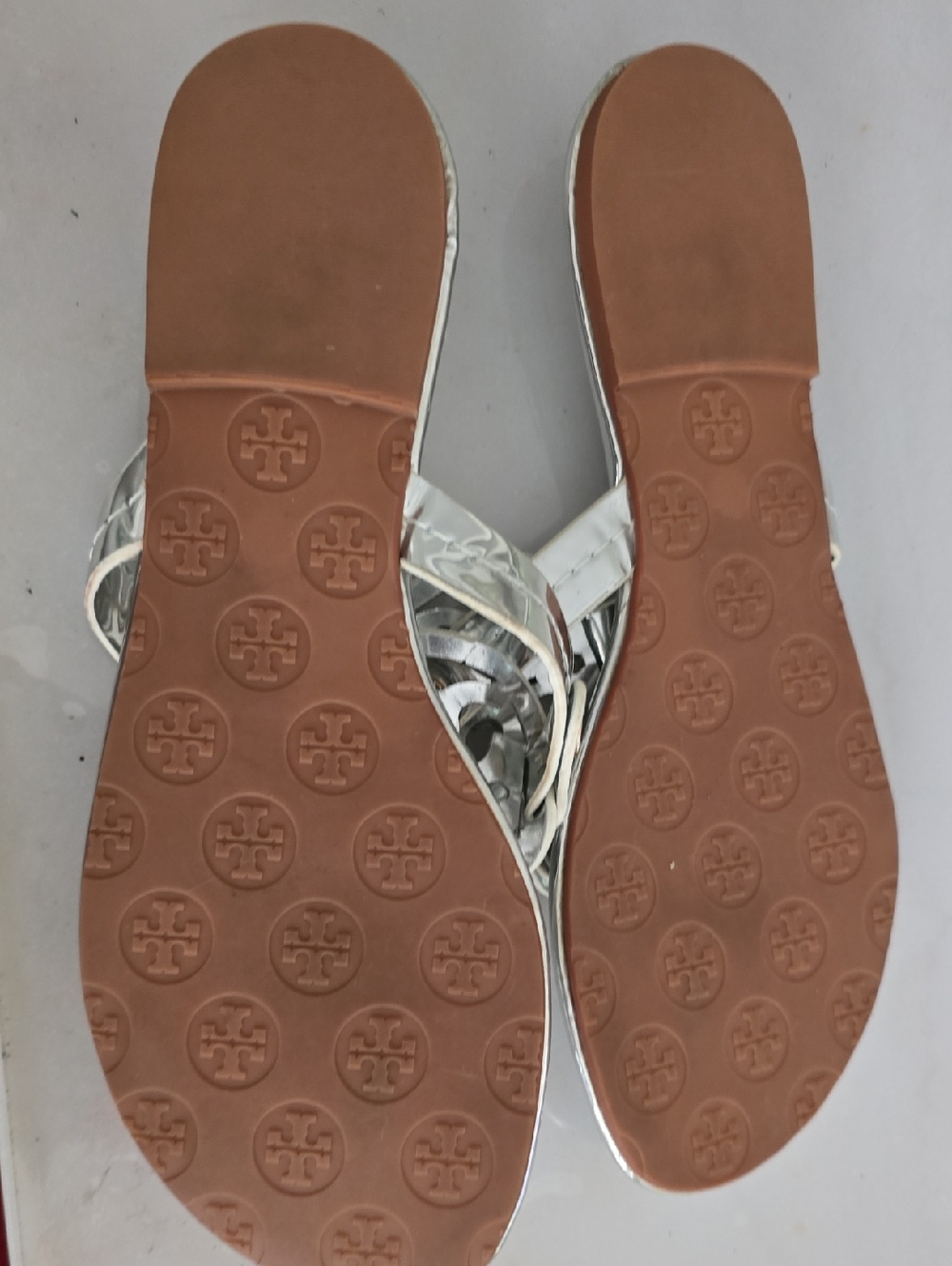 Tory Burch Metallic Silver Logo Thong Sandals with Gold Accents - Picture 3 of 3